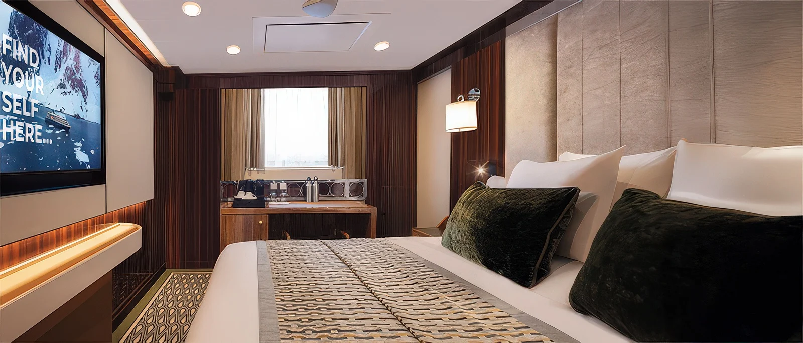 Luxurious hotel room with elegant decor.