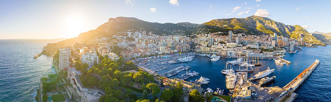 Sunset view of Monaco, a sovereign city-state on the French Riviera, in Western Europe, on the Mediterranean Sea