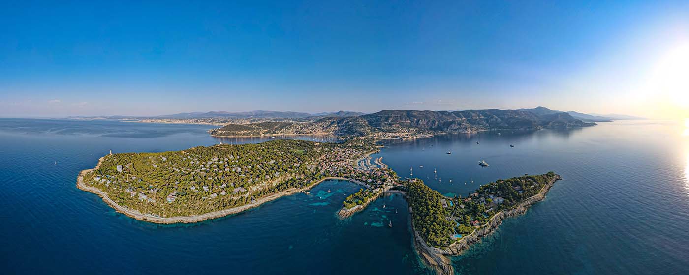 Nice, France - August 27th 2021 - Aerial view of Saint-Jean-Cap-Ferrat and the French riviera