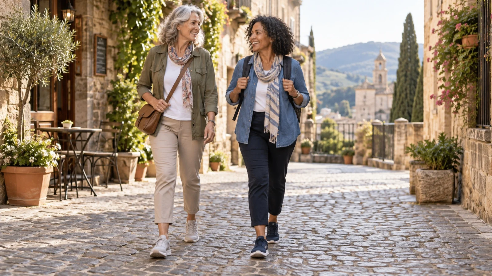 Two women walking in charming village