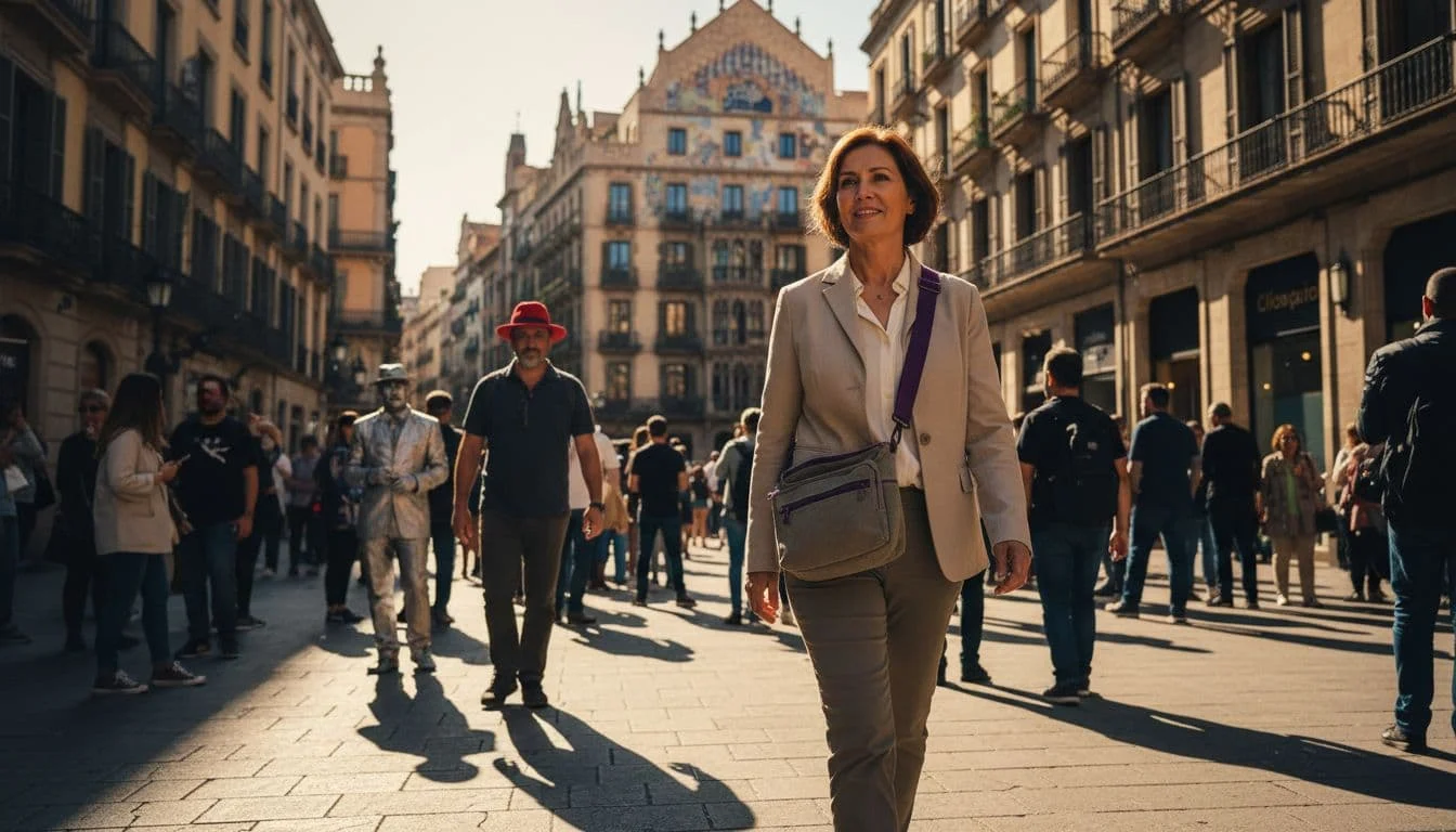 Top 5 Pickpocketing Cities Women Travelers Should Know 4 Mature woman walks confidently on Barcelona's Las Ramblas, crossbody bag zipped in front, scanning surroundings amid colorful buildings and performers.