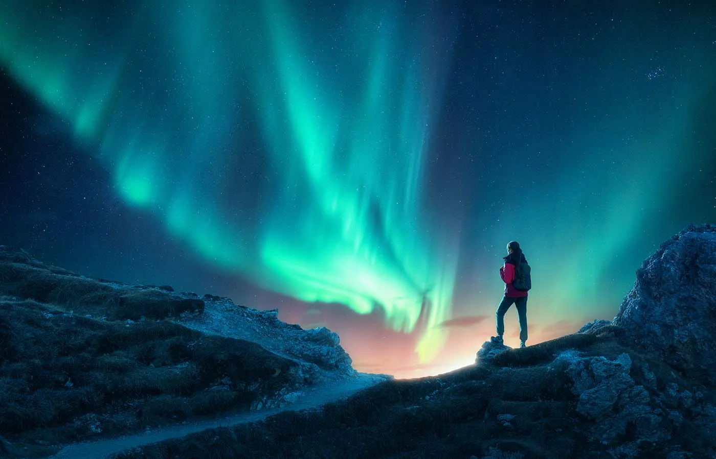 iceland lights woman