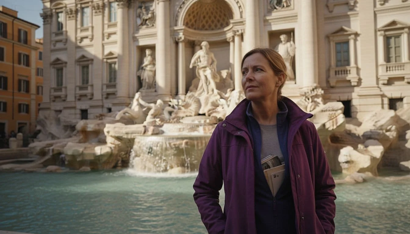 Top 5 Pickpocketing Cities Women Travelers Should Know 5 Mature woman in zippered jacket stands alert near Rome's Trevi Fountain amid dramatic afternoon shadows.