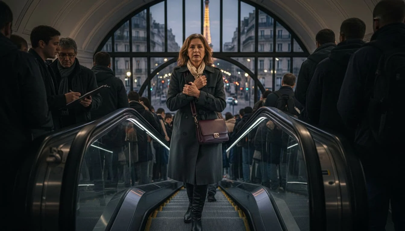 Top 5 Pickpocketing Cities Women Travelers Should Know 6 Mature woman grips crossbody bag on crowded Paris metro escalator, Eiffel Tower in distance.
